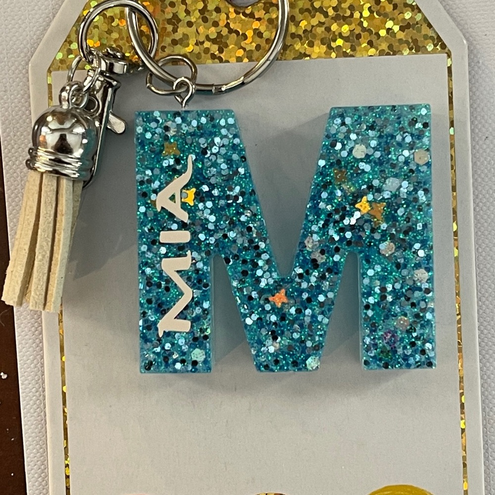 Handmade Personalized Resin Letter M Keychain Teal Glitter Mia Name Tassel Charm